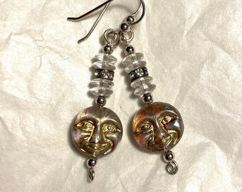 You and Your Fancy Companion the Moon - earrings - rescued vintage spacers - Czech glass - moon faces - sterling silver
