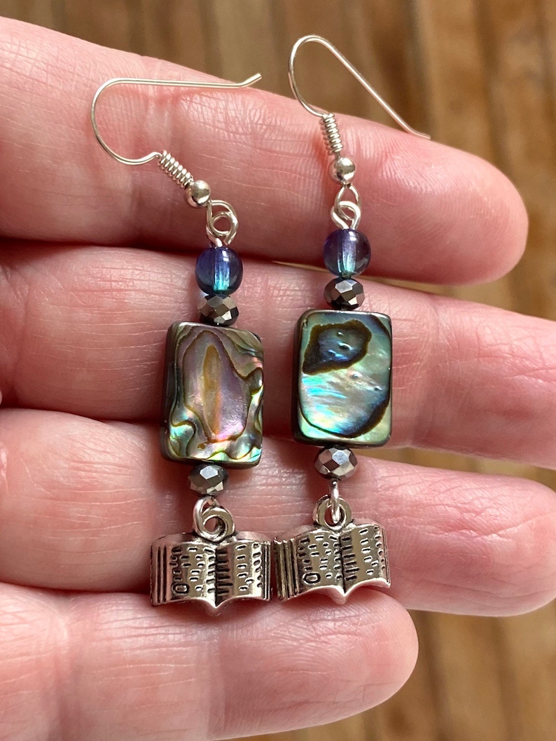 sterling silver wires tiny books glass The Text and Its Reflection abalone shell earrings