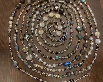 Always/Never - necklace - sterling silver - 138 inches long - that’s over 13 feet - labradorite - Czech and other glass