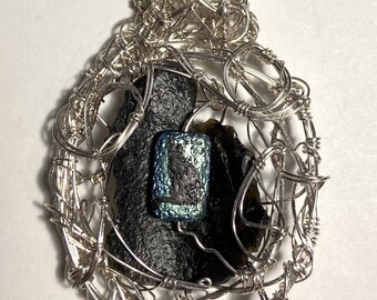 SpaceCat's Travel Guide: Shrine on Bast Prime - pendant - tektite - indochinite - cat bead - Czech glass - sterling silver