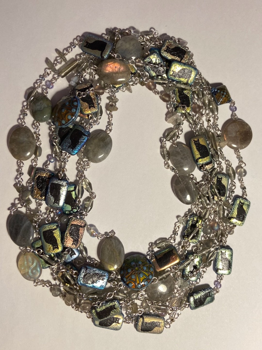 Cats at the Pool of Wisdom Necklace Long Long Long Necklace Czech Glass