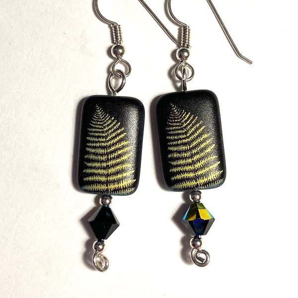 A Gift for Simplicity - earrings - black Czech glass fern beads in aurora borealis shimmer matte - sterling silver - Swarovski crystal