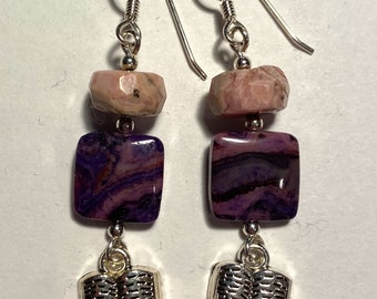 Year's Best NonLinear Stories - earrings - agate - sterling silver wires - tiny books - purple