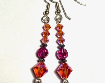 With Magic Aforethought - earrings - sterling silver - Swarovski crystal - fuchsia melon orange pink shiny