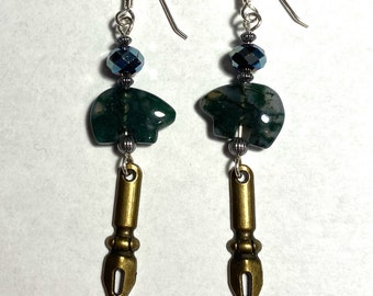 Two Bears Seek An Amanuensis - earrings - carved moss agate bears - glass - base metal pen nib charms - sterling silver beads and wire