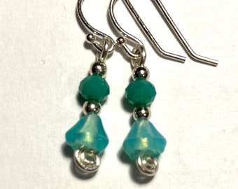 Something Green To Believe In - earrings - tiny earrings with tiny Czech glass flower beads with other glass on sterling silver