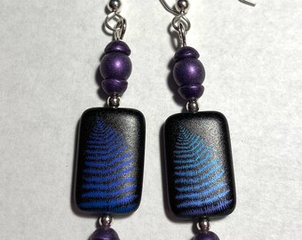 The Promises We Make in the Dark - earrings - Czech glass - sueded glass - sterling silver - ferns - blue purple aqua