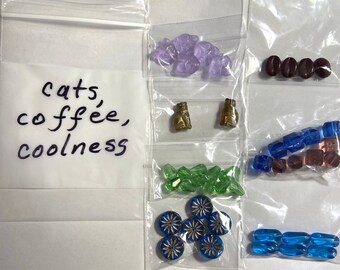 cats, coffee, coolness - bead assortment - cat beads - glass coffee bean beads