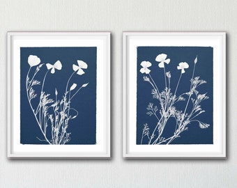 California Poppy Cyanotype Prints - Pressed Flowers Silhouette - Navy Blue Artwork - Nature Wall Art - Unframed Botanical Prints