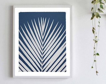 Cyanotype Botanical Print - Bamboo Leaves on Blue Background - Navy and White Art Print - Blue Kitchen Wall Art - 5X7, 8X10 or 11X14 Sizes
