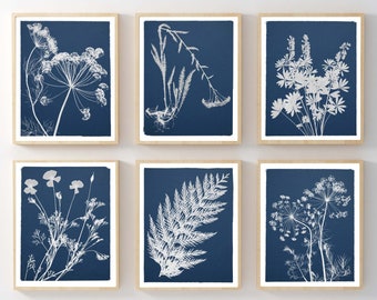 Set of 6 Cyanotype Botanical Prints - Blue and White Botanical Print Set - Nature Wall Art - 5X7, 8X10, 11X14 or 16X20 Size