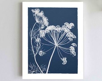 Cyanotype Print - Flowers on Navy Blue Background - Pressed Flower Botanical Art - Blue and White Wall Art Print