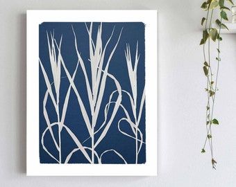 Grass Cyanotype Art Print - Prairie Art - Pressed Leaves Botanical Print on Blue Background - White and Navy Wall Art