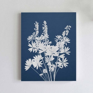 Lupine Cyanotype Print - Botanical Print on Blue Background - Bluebonnet Flowers Wall Art - Anna Atkins Style Unframed Fine Art Print