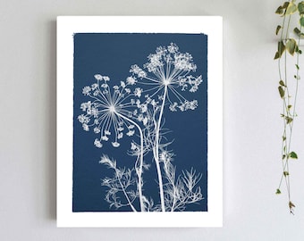 Cyanotype Dill Flower Print: Blue Botanical Wall Art