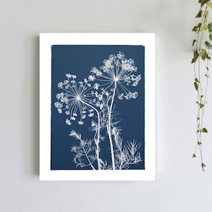 Flowers Cyanotype Botanical Print Pressed Herb Print Pressed Flower on Blue Background Blue and White Wall Art Print image 1