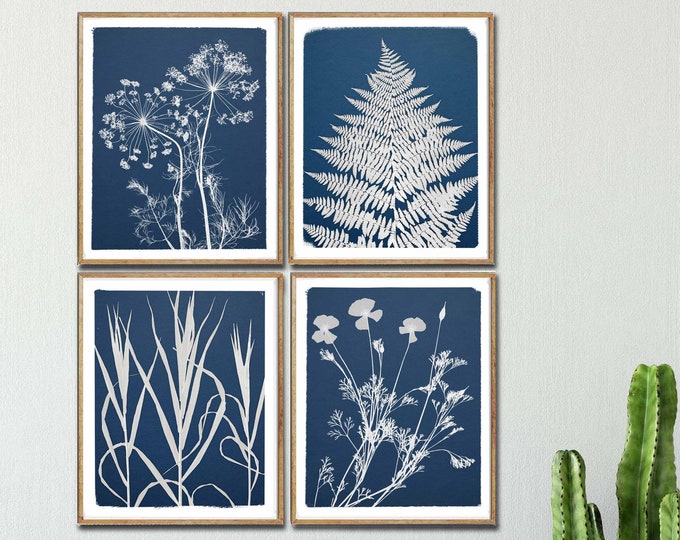 Cyanotype Print Set, Botanical Prints, Flowers Wall Art, Fern Prints, Grass Prints, Forest Art, Natural Home Decor, Blue and White Print Set