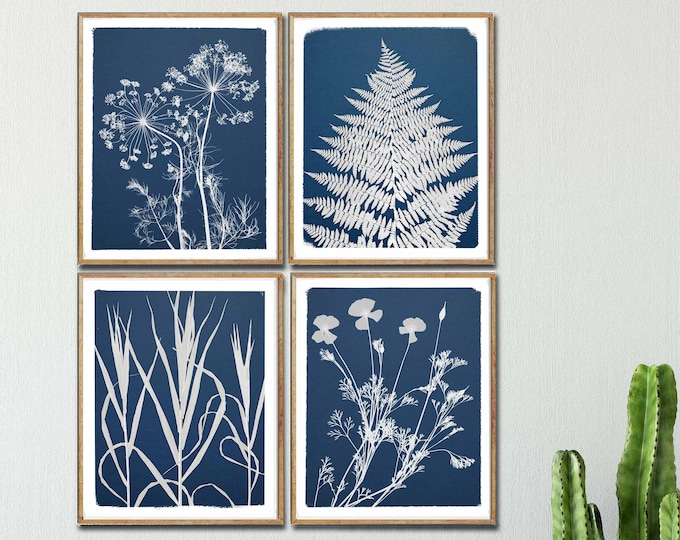 Cyanotype Style Botanical Print Set, Dill Flower, Fern, Grass Art