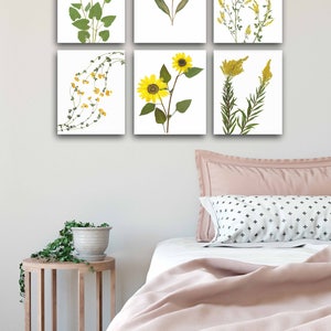May include: Set of six framed botanical prints featuring pressed yellow flowers and greenery on a white background. The prints are arranged in a grid pattern on a white wall above a bed with pink bedding.