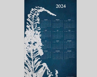 2024 Cyanotype Calendar - Wildflowers Botanical Wall Calendar - Year At A Glance - 11X17 or 13X19 - One Page Calendar - Blue and White