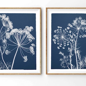 Pressed Flower Herb Print Set with Blue Background - Cyanotype Botanical Prints 5X7, 8X10, 11X14, or 16X20 - Blue and White Kitchen Art