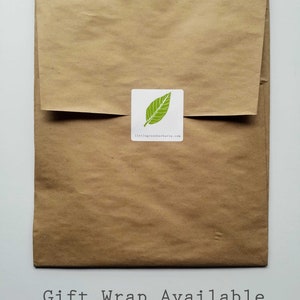 May include: A brown paper gift bag with a green leaf sticker that says "littlegreenherbaria.com". The text "Gift Wrap Available" is printed below the bag.
