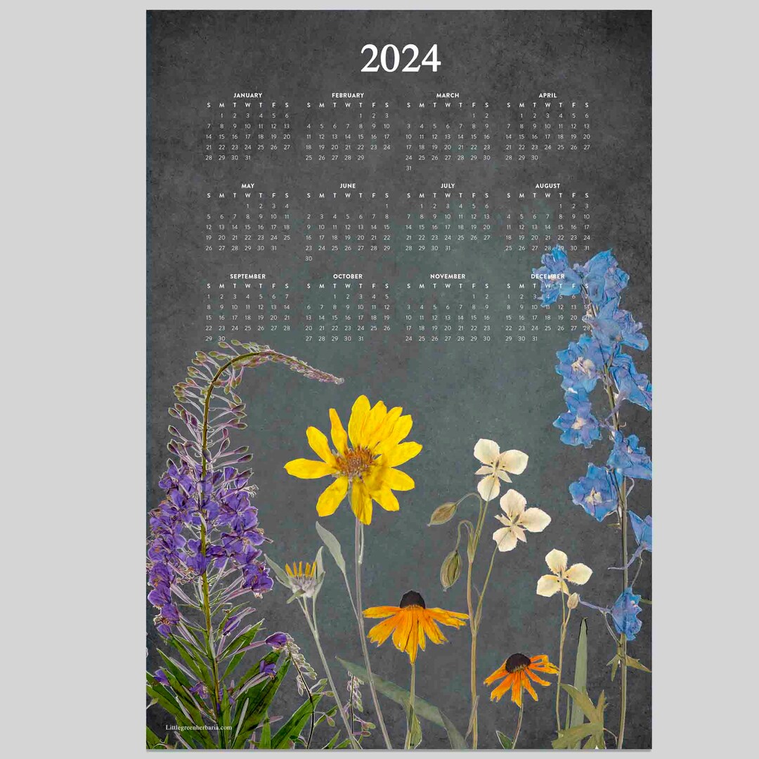 2024 Wildflower Botanical Wall Calendar Gray Floral Design With