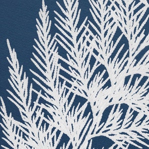 May include: White stylized fern branches on a deep blue background. The branches are arranged in a layered pattern, creating a sense of depth and texture.