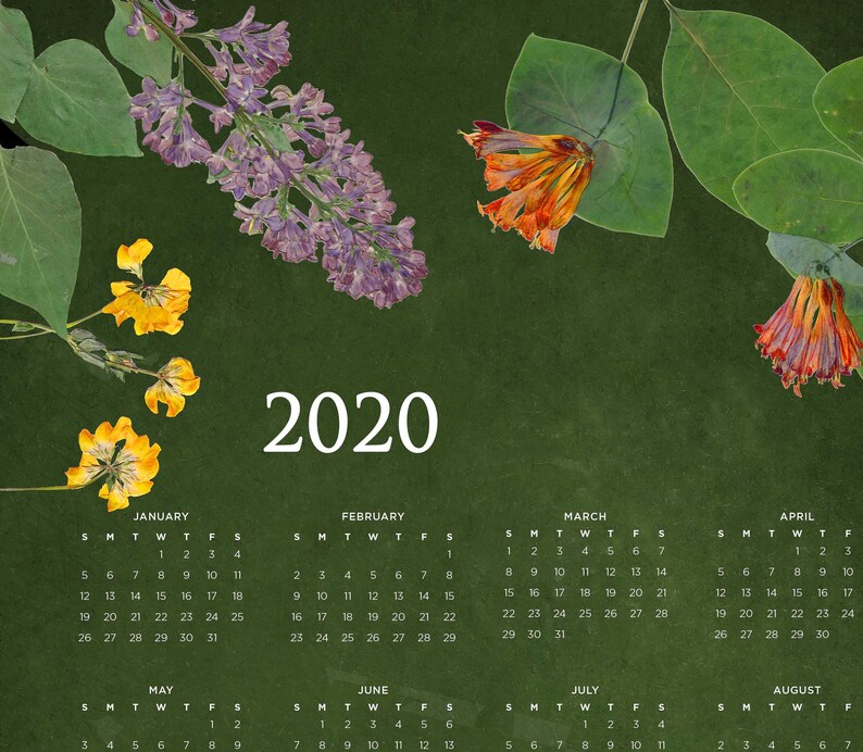 2020 Botanical Calendar Pressed Flowers Year At A Glance Etsy