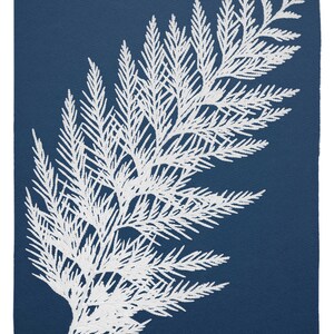 May include: A white fern frond silhouette on a deep blue background. The fern is detailed and intricate, with delicate fronds and a natural, organic shape.