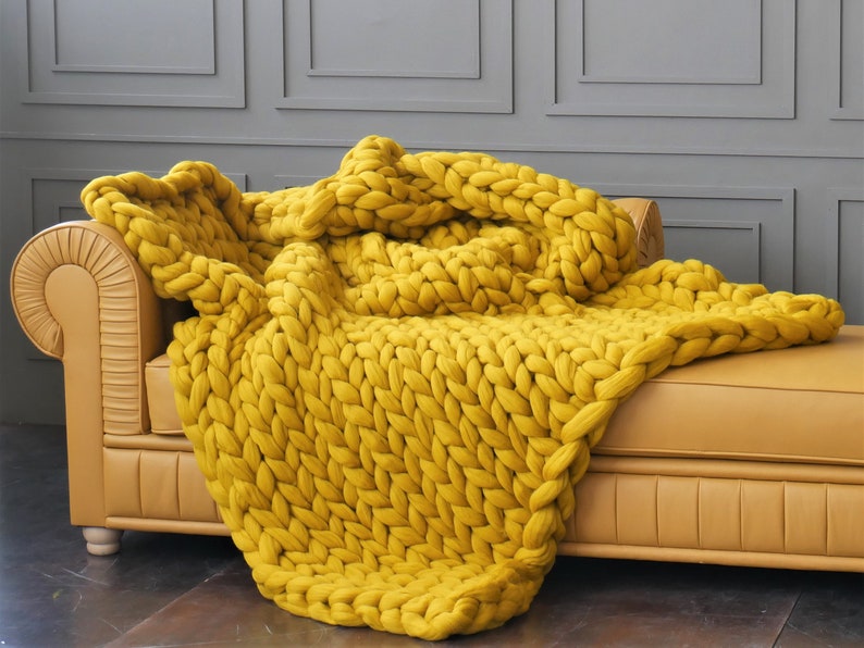 Chunky knit Blanket Merino wool blanket Weighted blanket Giant knit blanket Thick yarn blanket Chunky knit throw Gift for him Black Friday Mustard 5