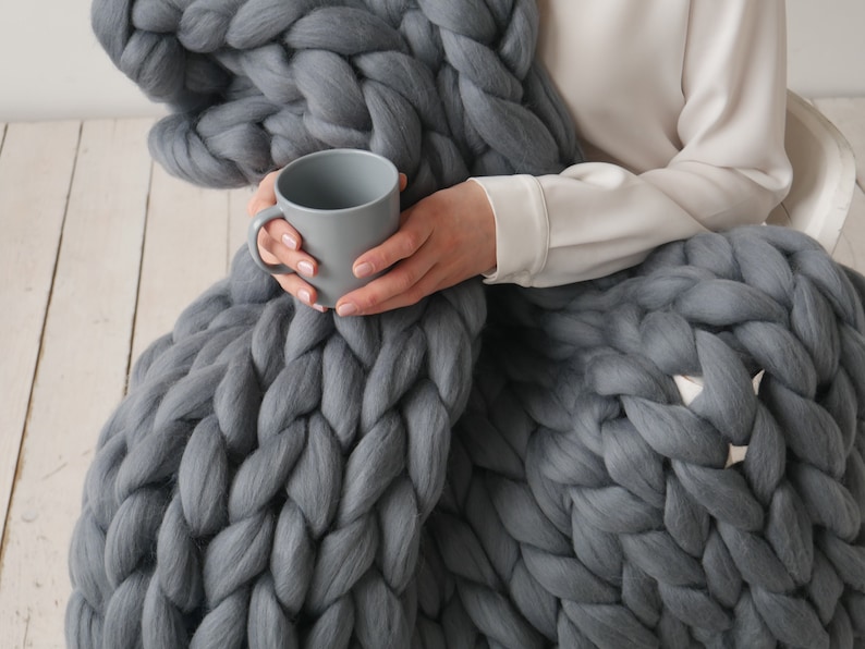 Chunky Knit blanket Chunky throw Wool blanket 100 % merino wool Giant Throw super big bulky knitted blanket Home decor Unique Gift for him image 9