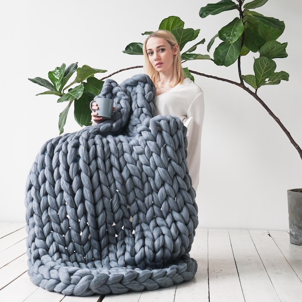 Couverture en grosse maille de laine mérinos : jeté géant fait main, décoration bohème