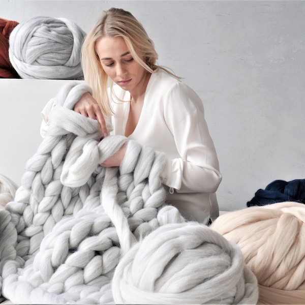 Hilo grueso Hilo gigante Lana merino Súper grande Voluminoso Kit de tejido de brazo Manta gigante Chunky Throw Chunky manta regalo de Navidad único