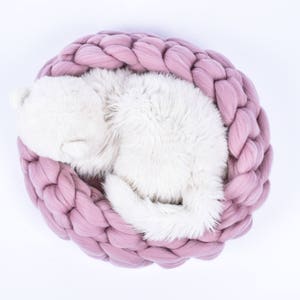 May include: A white cat curled up and sleeping in a pink knitted pet bed.
