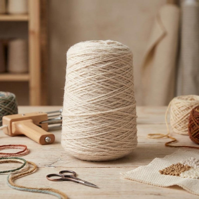 Beige tufting yarn on cone placed on workshop table