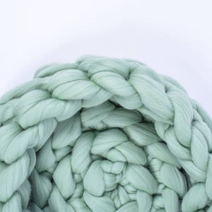May include: A large, chunky knit blanket in a soft sage green color. The blanket is made of thick, fluffy yarn and is woven in a braided pattern.