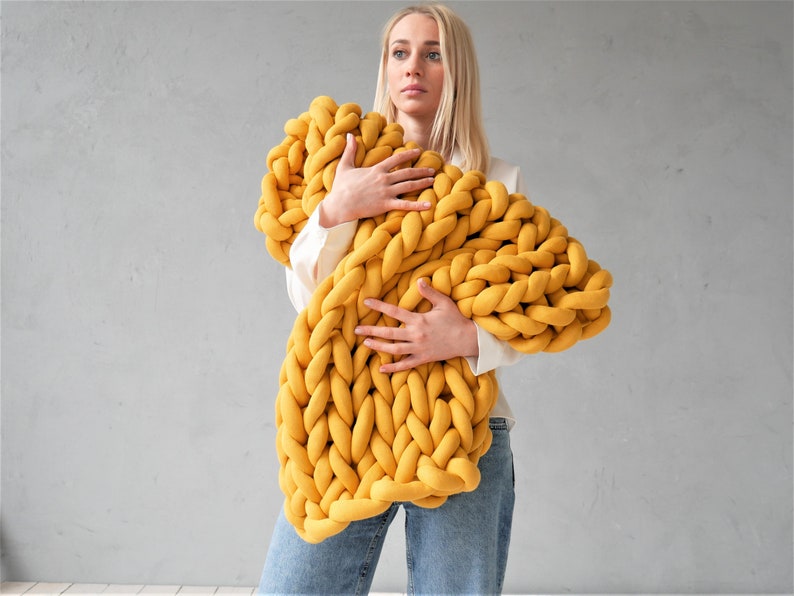 Chunky knit blanket Chunky Cotton Throw blanket Chunky blanket Boho decor Arm Knitted blanket Christmas Home decor Christmas gift for her Mustard