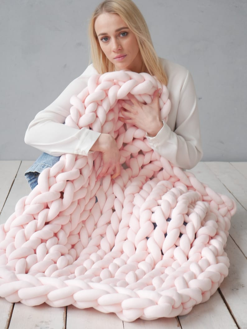 Chunky knit blanket Chunky Cotton Throw blanket Chunky blanket Boho decor Arm Knitted blanket Christmas Home decor Christmas gift for her Baby pink