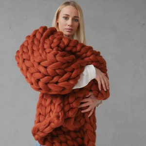 Chunky knit blanket Arm knitting merino wool Terracotta Copper Chunky big knit throw blanket Home textile bedding Boho decor Christmas gift