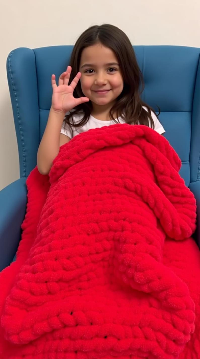Girl on blue sofa waving hand and covered in red chenille blanket