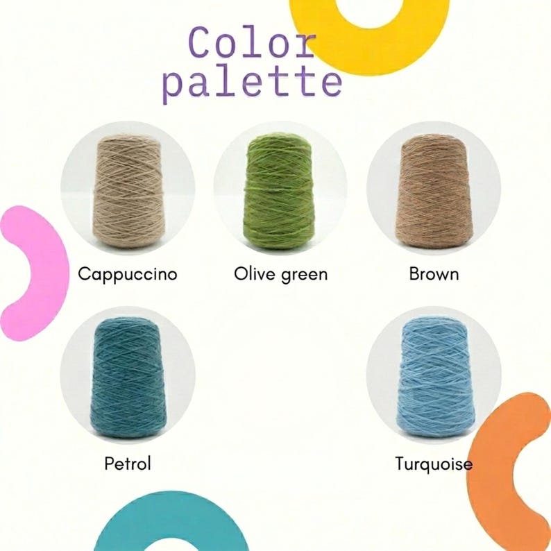 May include: A color palette featuring five yarn cones in shades of cappuccino, olive green, brown, petrol, and turquoise. The text "Color palette" is at the top. The yarn cones are displayed on a white background.