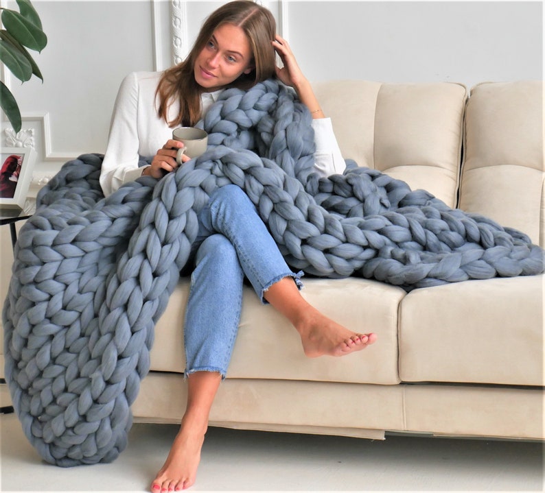 Chunky knit Blanket Merino wool blanket Weighted blanket Giant knit blanket Thick yarn blanket Chunky knit throw Gift for him Black Friday image 6