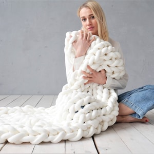 Chunky Knit Cotton Blanket: Boho Home Decor Knitted Plush Throw Handmade thick big stitch