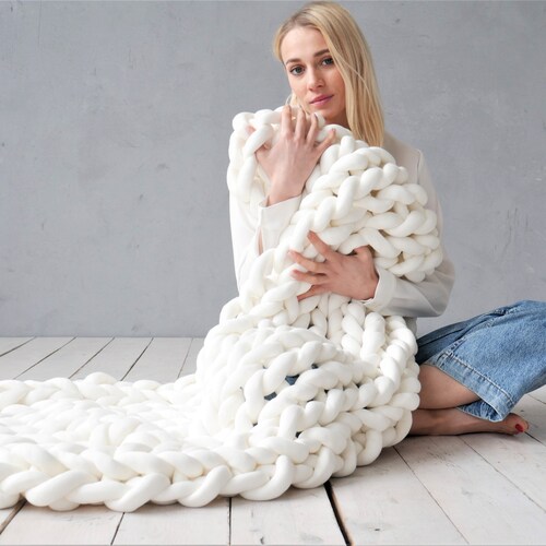 Chunky Knit Cotton Blanket: Boho Home Decor Knitted Plush Throw Handmade thick big stitch