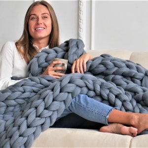 Chunky knit blanket throw Giant blanket, Merino wool blanket, Arm knit blanket, Boho decor, Christmas Gift for her