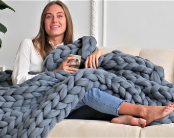 Chunky knit blanket throw Giant blanket, Merino wool blanket, Arm knit blanket, Boho decor, Christmas Gift for her