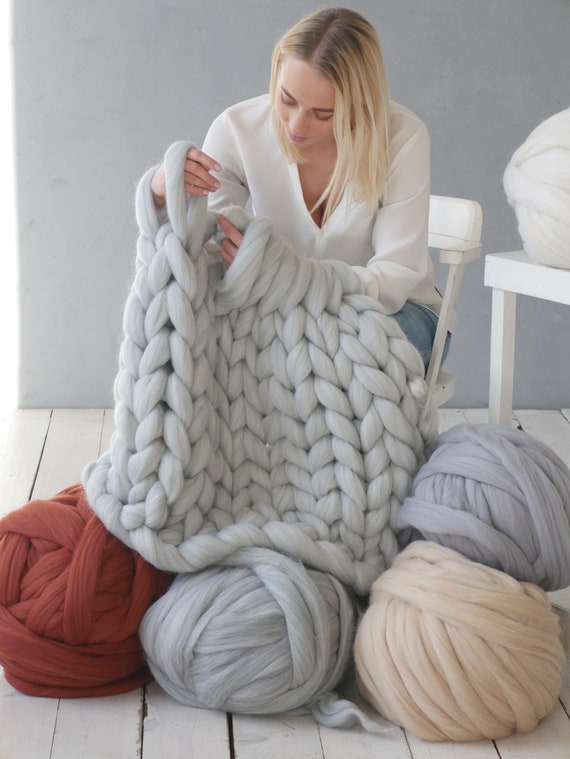 Extra Large Merino Blanket Knit Kit. Includes Super Soft Air Merino Yarn,  Big Wooden Needles & Printed Cape Cod Blanket Pattern. Color: Mink