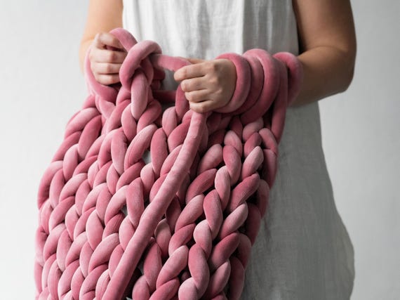 Handmade Chunky Knit Velvet Blanket: Giant Knit Home Decor wool throw big stitch