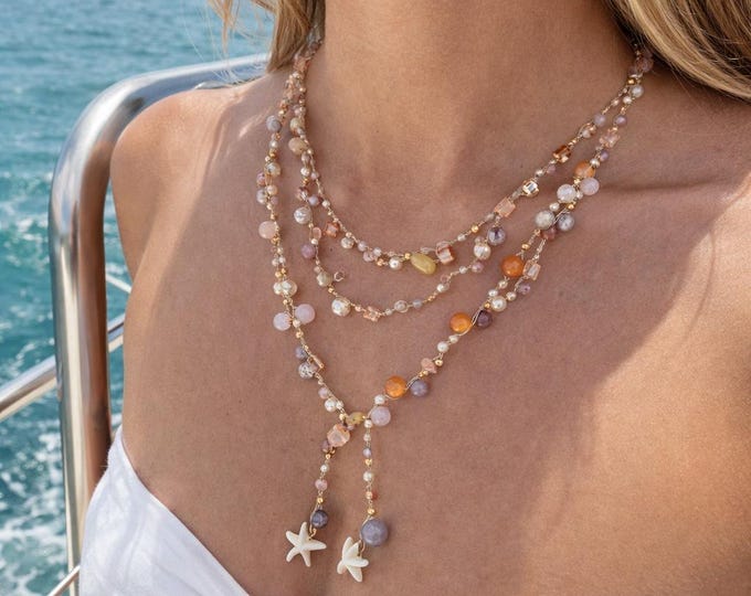 Collier  au crochet avec pierre aventurine rose et quartz